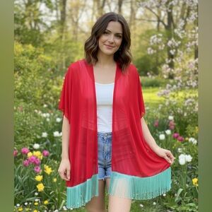 LuLaRoe Vibrant Red And Turquoise Tasseled Kimono